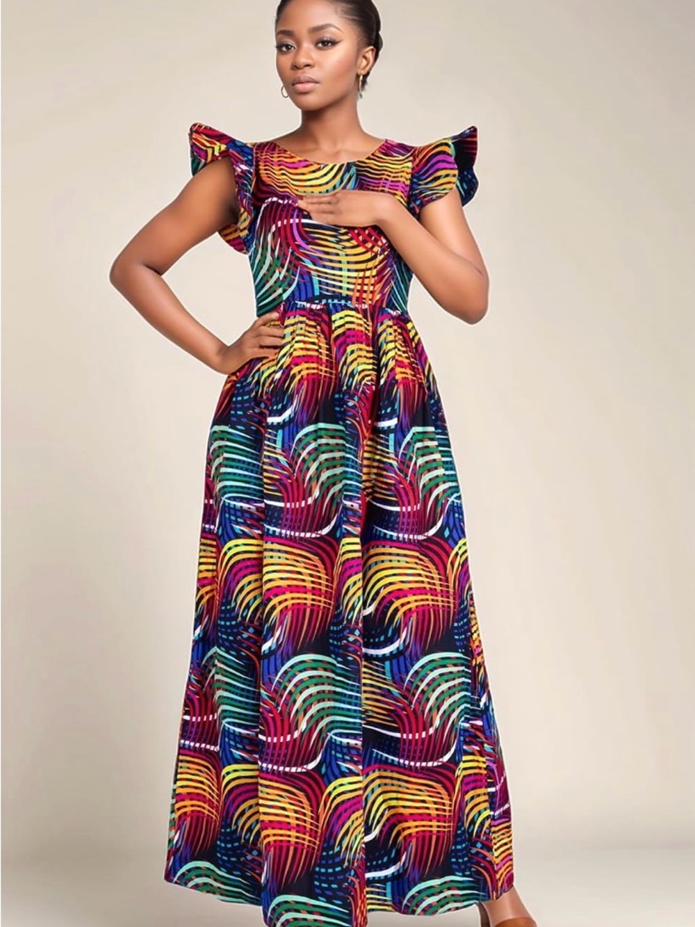 Women's African Print Maxi Dress Small Dashiki Flutter Sleeve Back Zip Dress